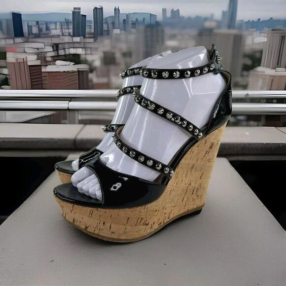 MIU MIU Platform Wedge Strappy Sandals US 7 Black Patent Studded Cork Shoes - Picture 1 of 10